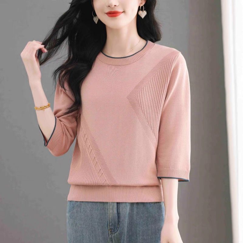 Ice silk short-sleeved T-shirt for women in women's loose summer 2025 new Tennis mid-sleeved quarter-sleeved mother summer high-end top