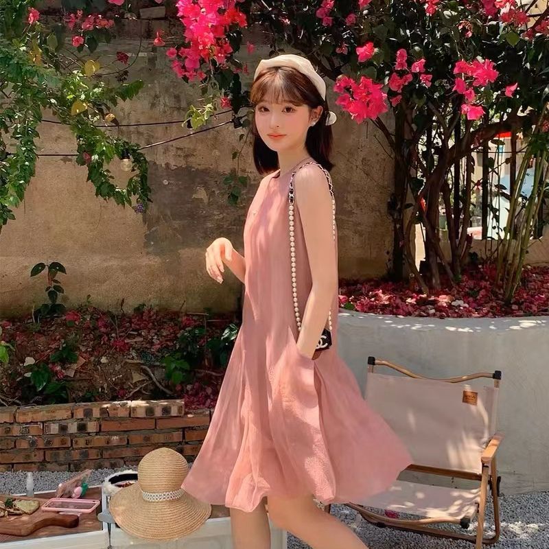 French fairy dress sleeveless sweet niche pink a-line princess skirt mesh small vacation style skirt