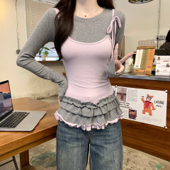 Real shot 1*1 thread 260g long-sleeved T-shirt women's 2025 early spring new fake two-piece base shirt round neck top