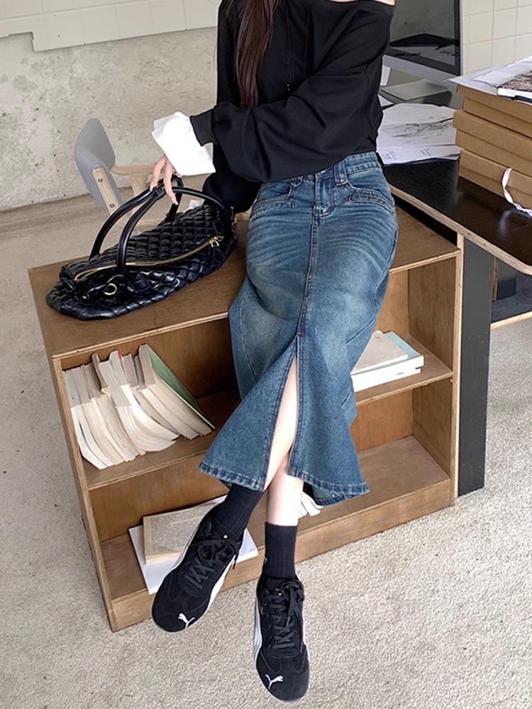 Black denim skirt for women new high waist slit A-line skirt fat mm hip-covering slimming hip-covering skirt KX