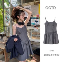 2025 summer Korean new high-end sling dress for women French temperament college style waist-hugging slim skirt