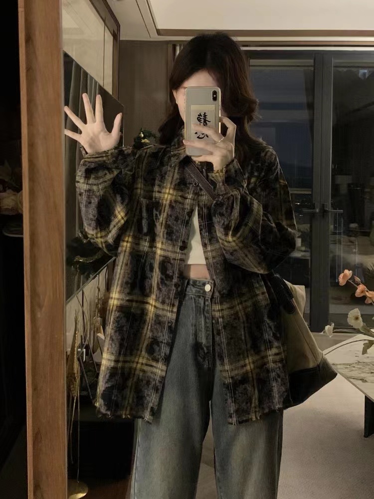 American retro tie-dyed plaid shirt for women in summer lazy style loose cardigan jacket casual thin sun protection top