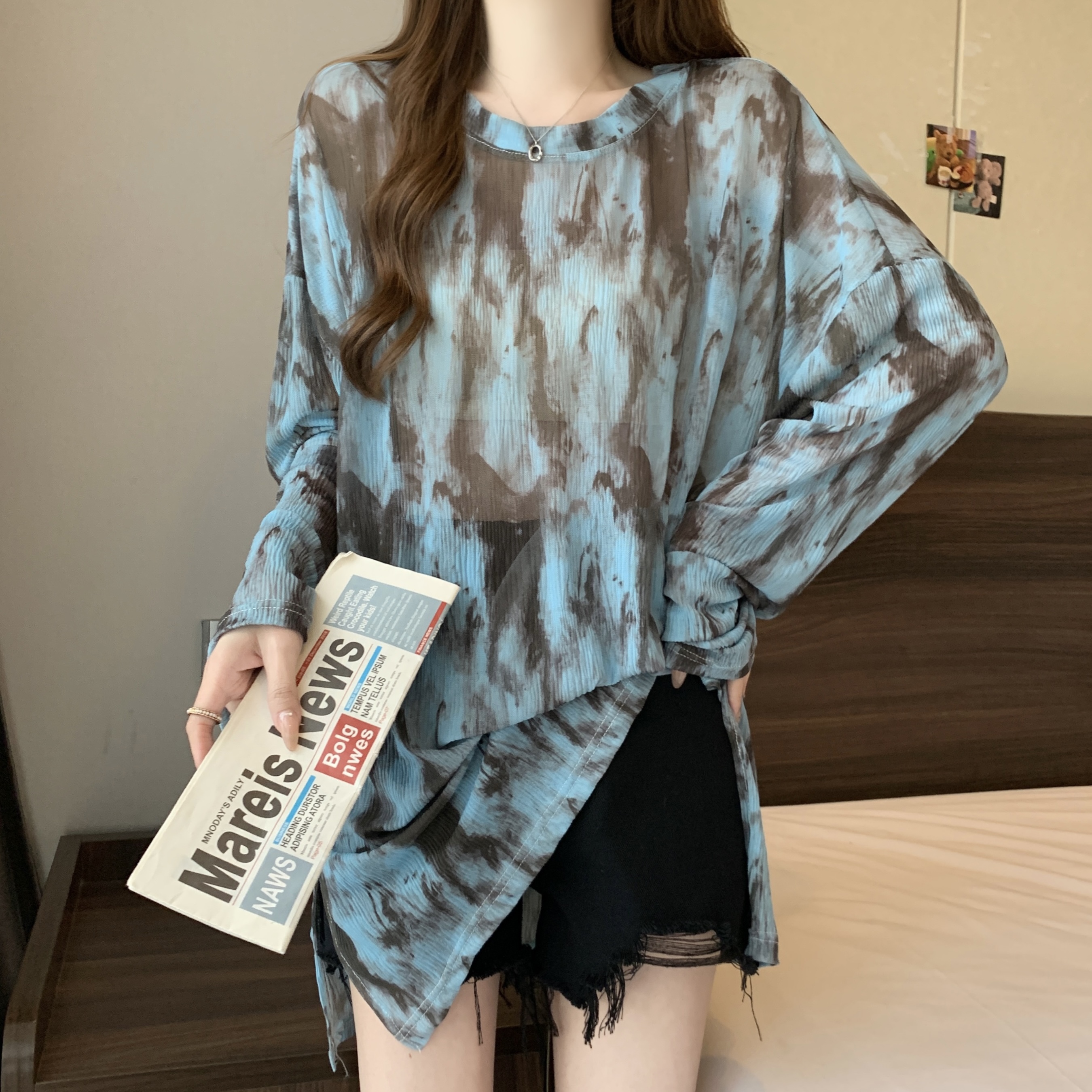 Real shot~ Large size women's loose tie-dye micro-transparent mesh long-sleeved T-shirt fashionable sunscreen shirt thin top for women