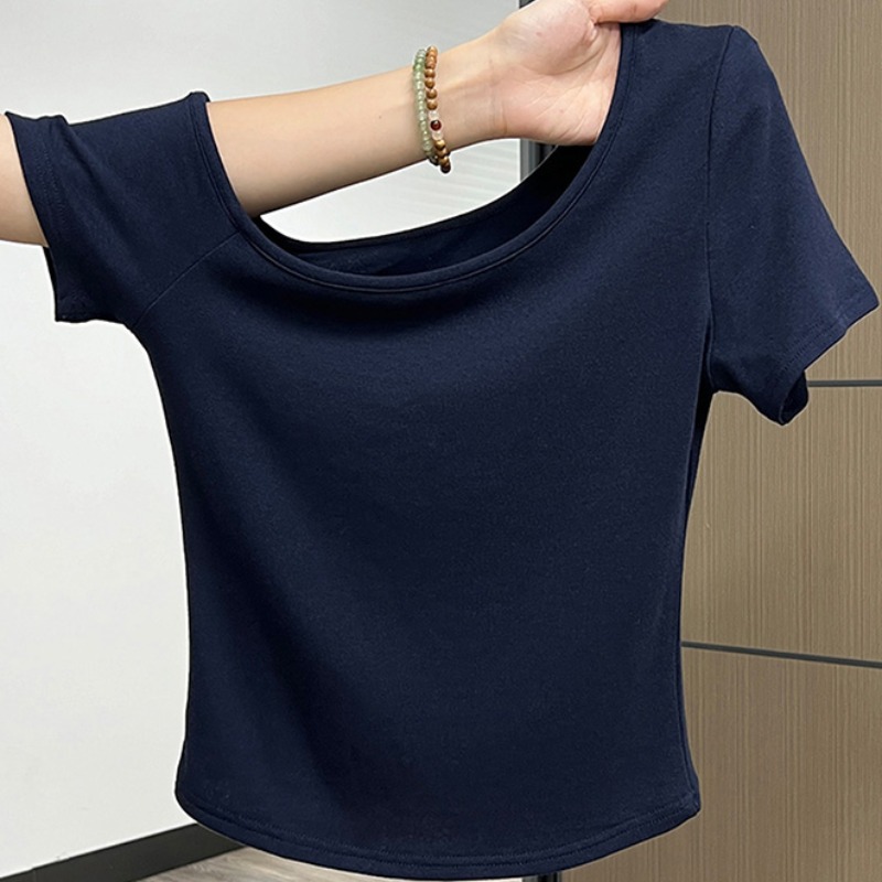 Official picture 210g 40 1*1 pure cotton thread short-sleeved T-shirt for women in summer short tight skin and off-shoulder hot girl
