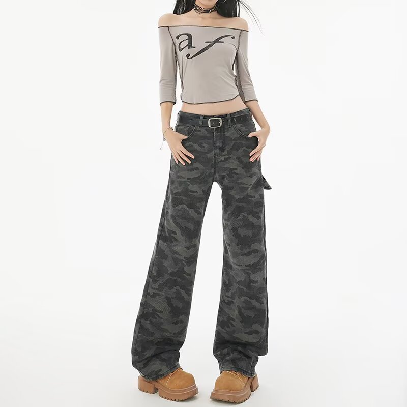 American high street workwear wide-leg camouflage jeans for women in autumn retro high waist loose slim straight-leg casual pants
