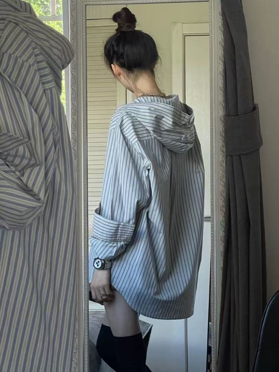 New Japanese retro striped shirt long-sleeved hooded shirt jacket for women loose lazy style niche top