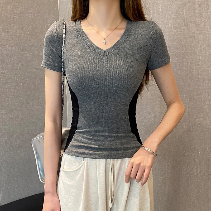 Official picture 260g men's cotton 2*2 thread V-neck front shoulder T-shirt women's short-sleeved summer contrast top short style