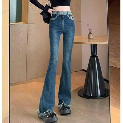 Furrowed fringed bell-bottom pants for women in spring and autumn new style slim and small mopping jeans