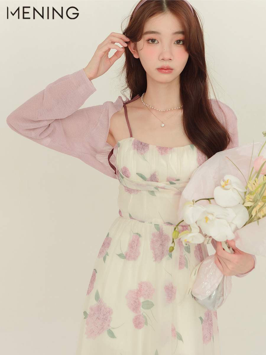 French floral romantic sweet suspender skirt gentle style waist-hugging midi skirt summer A-line dress