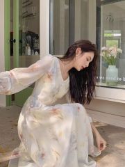 Gentle style printed Tiansi dress for women 2025 spring French design long sleeve slim long skirt fairy