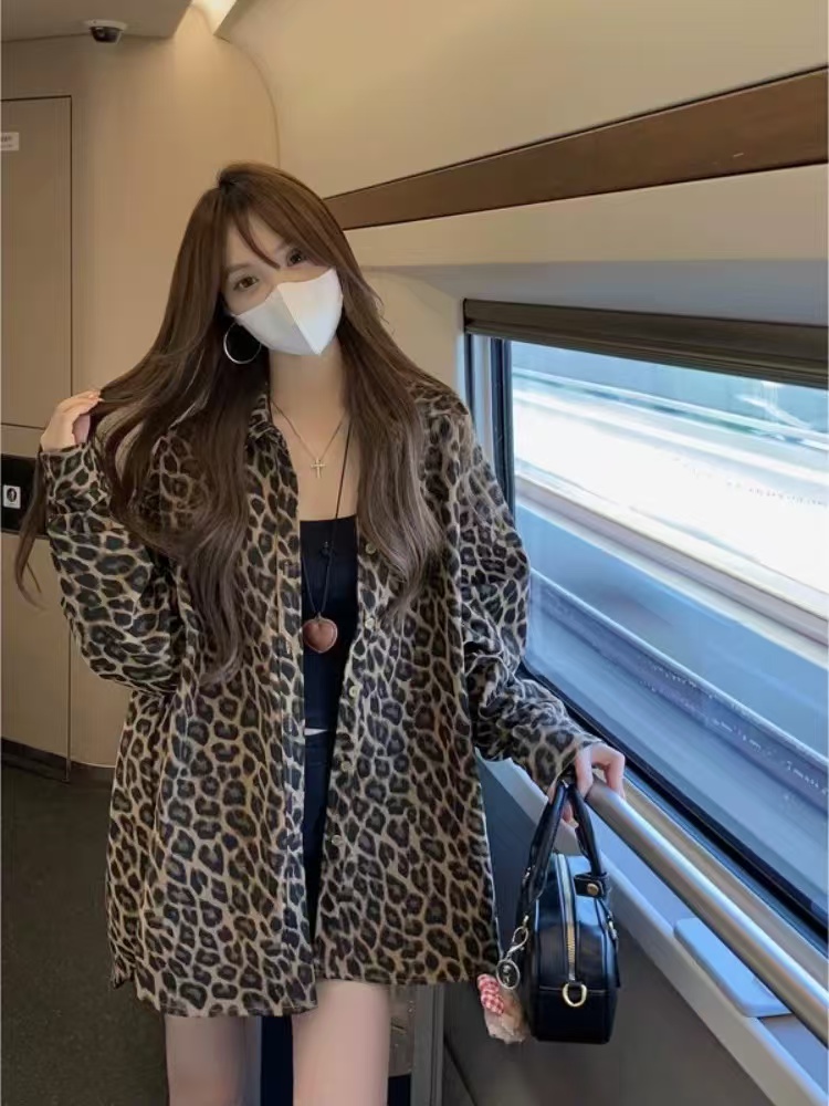 Pure cotton retro leopard print long-sleeved jacket for women early autumn new sweet, cool loose mid-length high-end niche top trendy