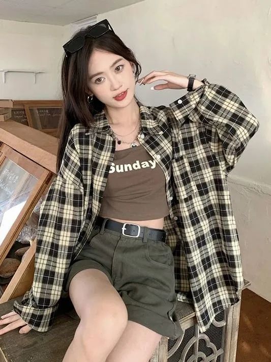 Thin sun protection mid-length plaid shirt lazy long-sleeved top retro loose cardigan shirt