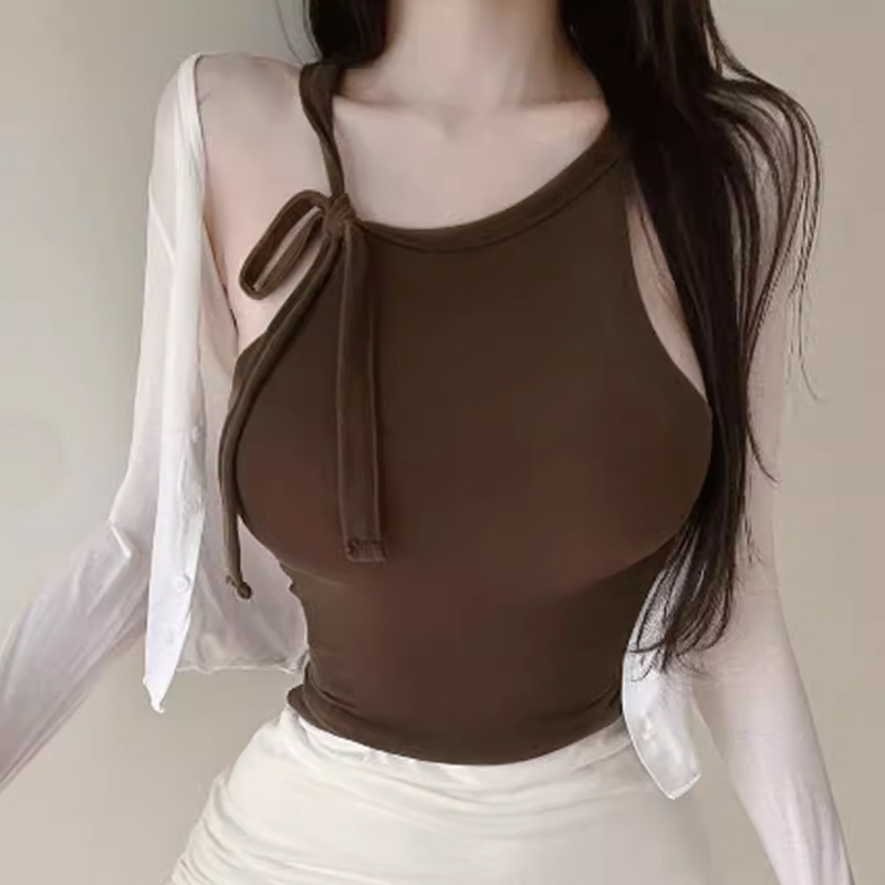 Korea's new commuter slim and versatile sexy hot girl tie halter neck off shoulders showing chest vest inner wear for women