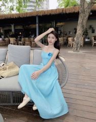 2025 summer slim waisted A-line skirt long skirt vacation style three-dimensional flower pleated suspender dress for women