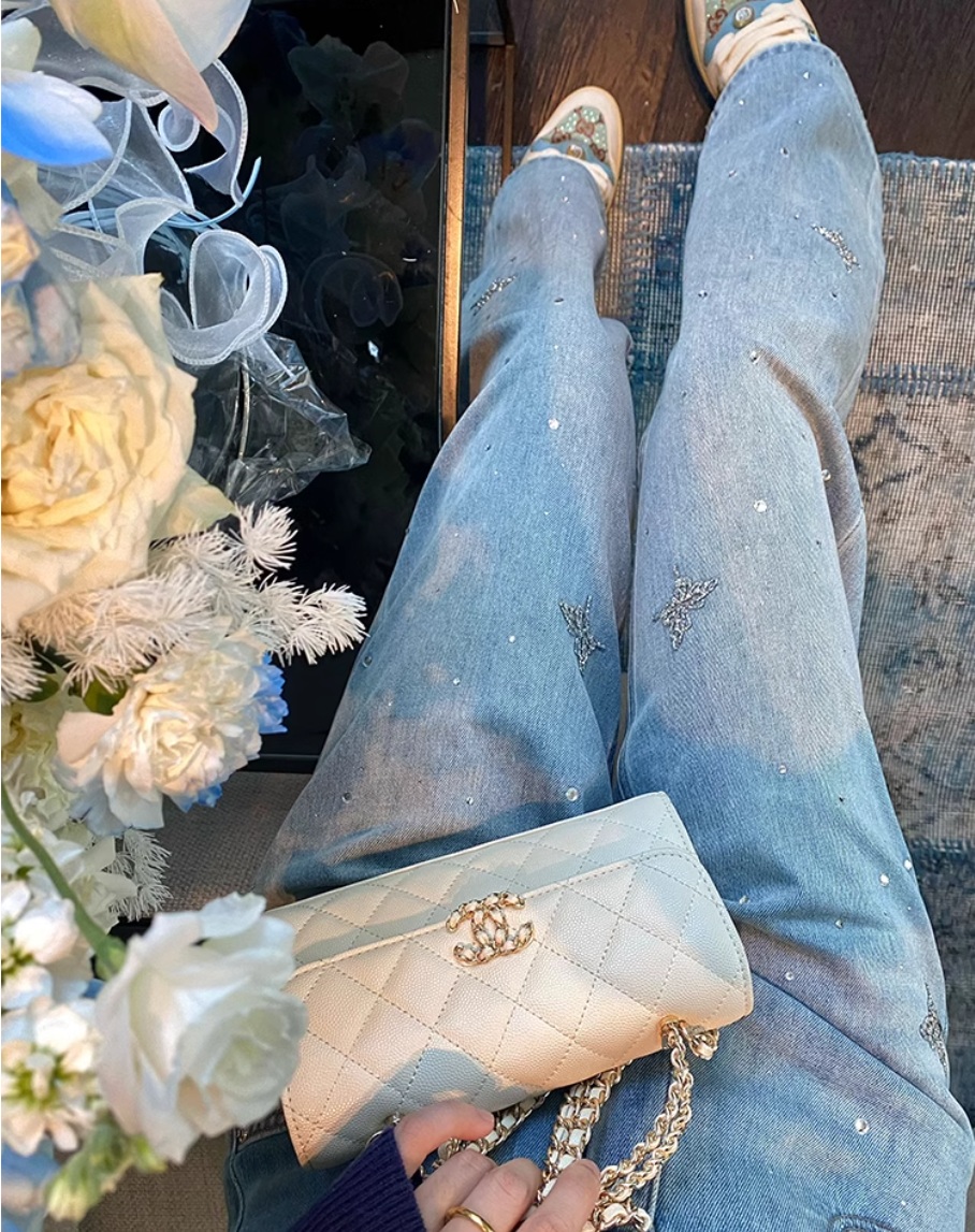 Women's slim high waist straight pants casual loose new style haute couture butterfly hot diamond wide-leg pants autumn