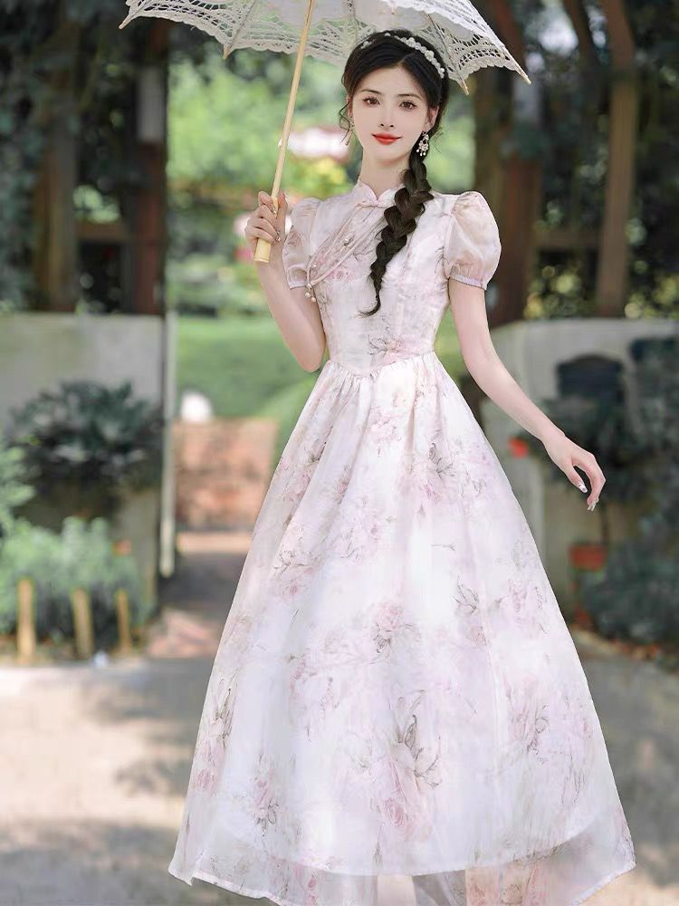 Floral dress for women 2025 new modified cherry blossom cheongsam-style stand-up collar puff sleeve pleated waist-pack hip long skirt