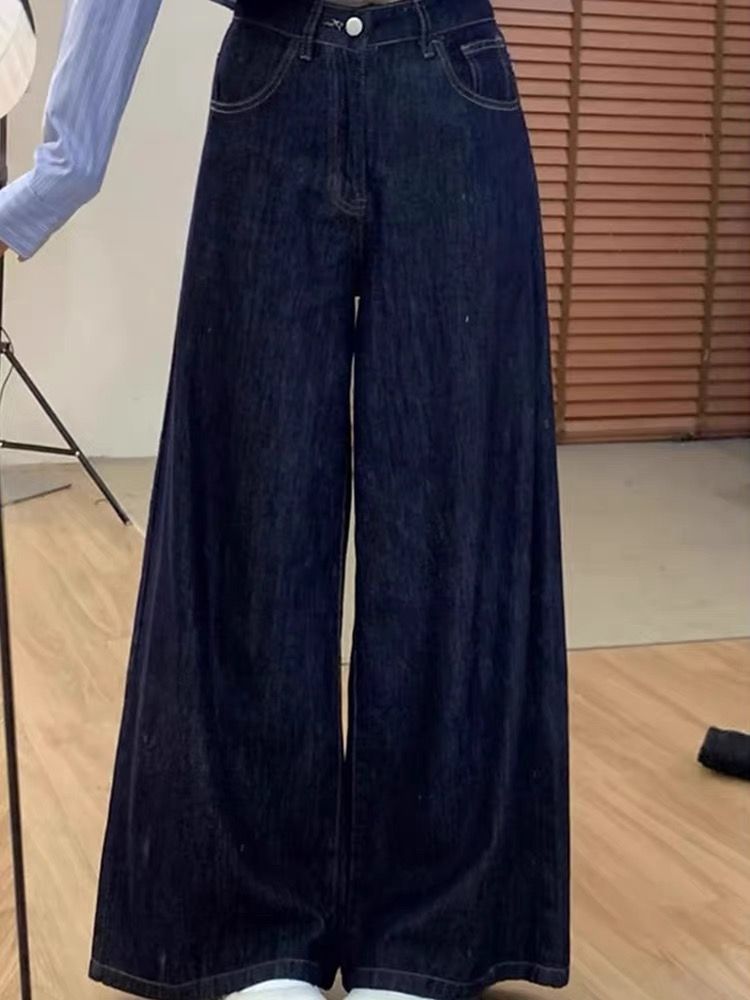 Korean retro versatile casual jeans high-waisted slim straight-leg pants loose wide-leg pants