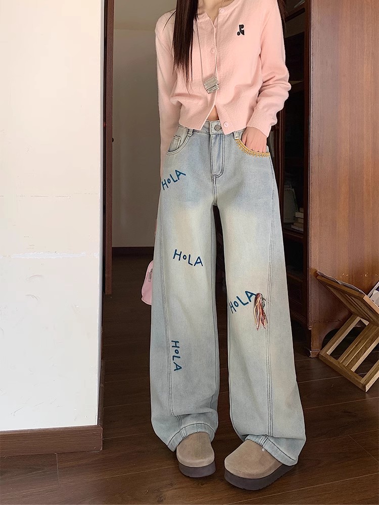 New early spring design niche wide-leg jeans with high waist large size slimming and loose straight wide-leg trousers