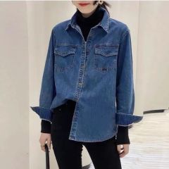 2025 Spring and Autumn New Hong Kong style blue layered denim shirt for women wearing retro loose long-sleeved shirt jacket
