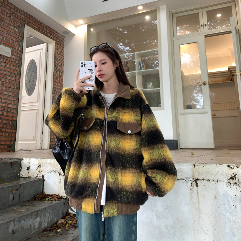 Double-layer inner 2025 American retro double zipper plaid wool gradient jacket lapel men and women loose jacket