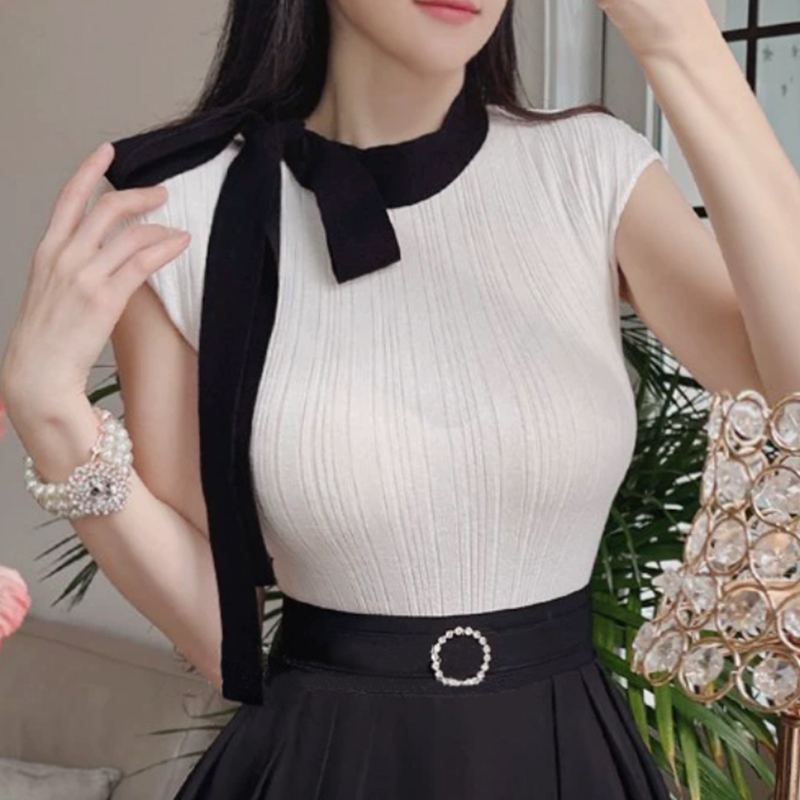 Korean summer new style commuting slim fit and sexy body look sweet half turtle neck streamer knit top