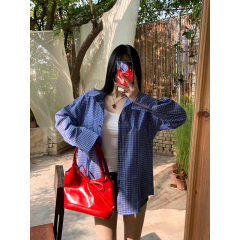 Real shot - retro blue plaid mid-length shirt for women in early spring lazy loose oversize jacket