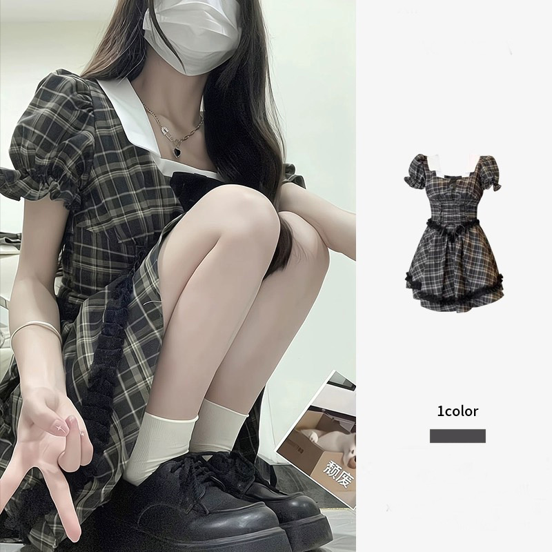 Summer French retro college style square collar lace puff sleeve plaid dress for women waist-hugging princess puffy skirt
