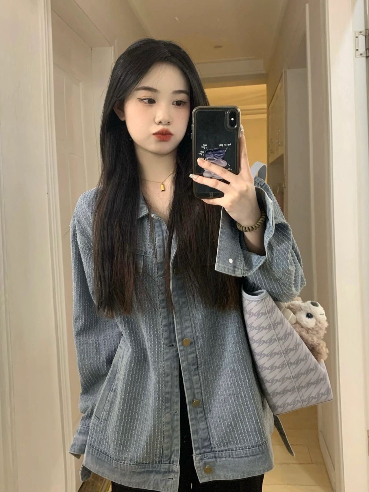 Hong Kong style retro niche loose versatile jacket polo collar denim jacket for women