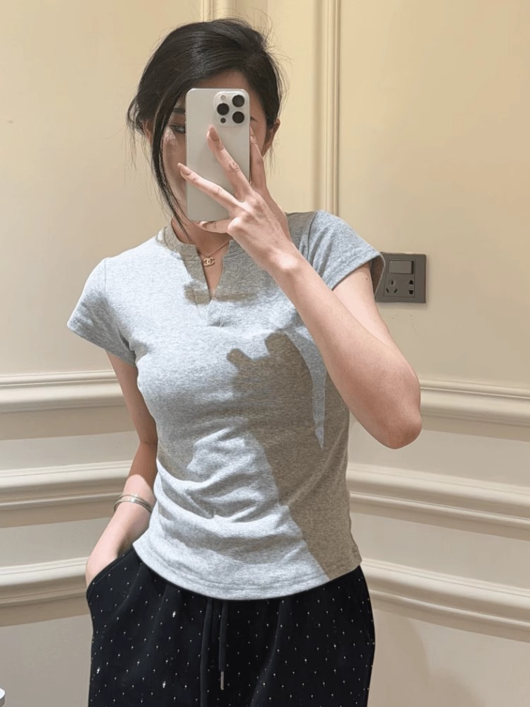 Official photo 92 cotton/8 spandex 40 210g pure cotton Small V-neck short-sleeved T-shirt women's design sense