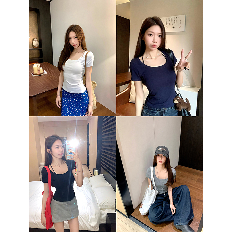 Real shot - Gray U-neck short-sleeved T-shirt women's 2025 summer new slim fit and casual versatile top