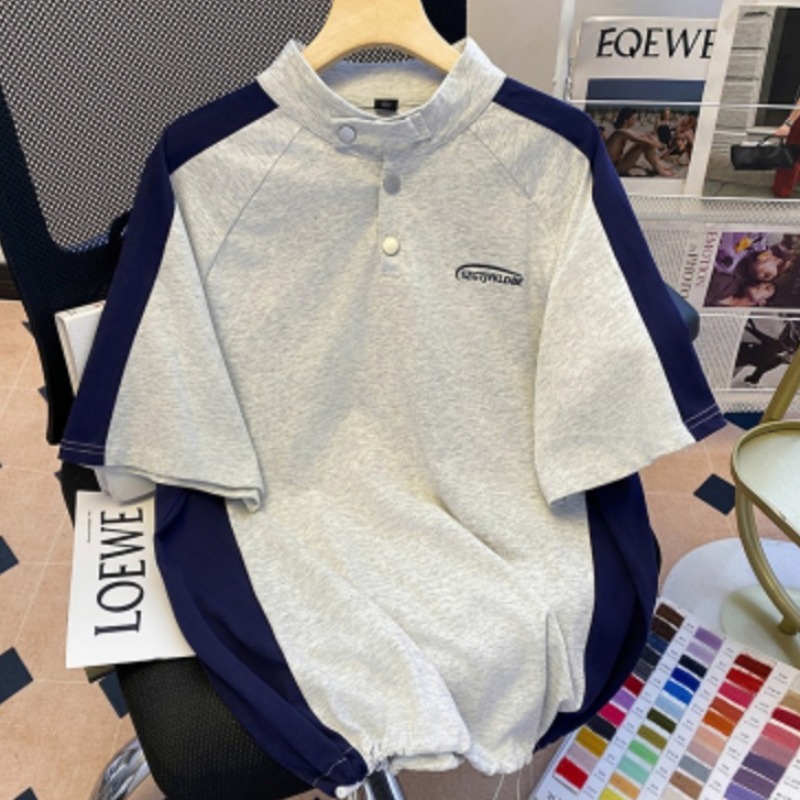 Real shot 1*1 thread 210g short-sleeved T-shirt 2025 summer print trendy slim short shoulder stand collar Korean women's clothing