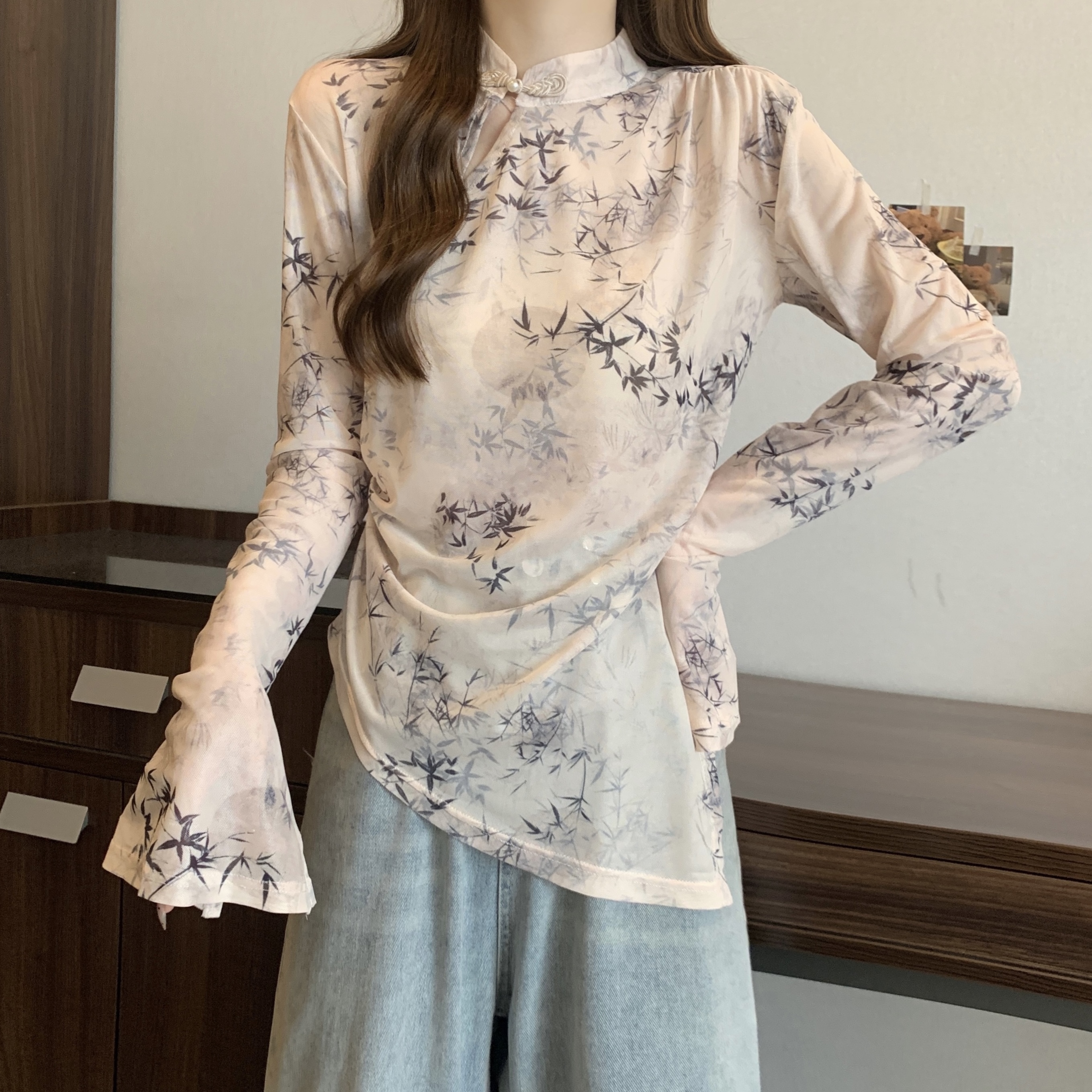 Real shot~ Large size women's clothing, Chinese style tie-dyeing micro-transparent mesh long-sleeved T-shirt, fashionable sunscreen shirt, thin top for women