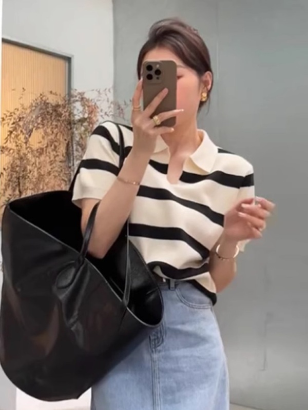 French polo collar striped short-sleeved T-shirt for women in summer 2025 new high-end and fashionable age-reducing base shirt top