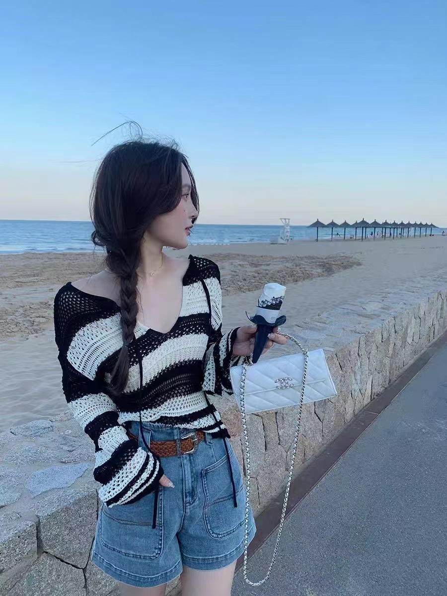 Crochet mesh hollow sunscreen shirt striped sweater for women in summer loose high-end outfit top autumn thin style