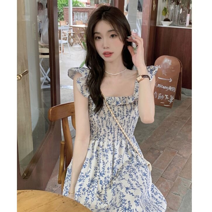 茶歇法式氣質溫柔風海邊度假藍色碎花長款吊帶連衣裙子套裝女夏季