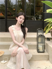 實拍~夏季度假風仙氣方領吊帶連衣裙新款肌理感精緻初戀裙子