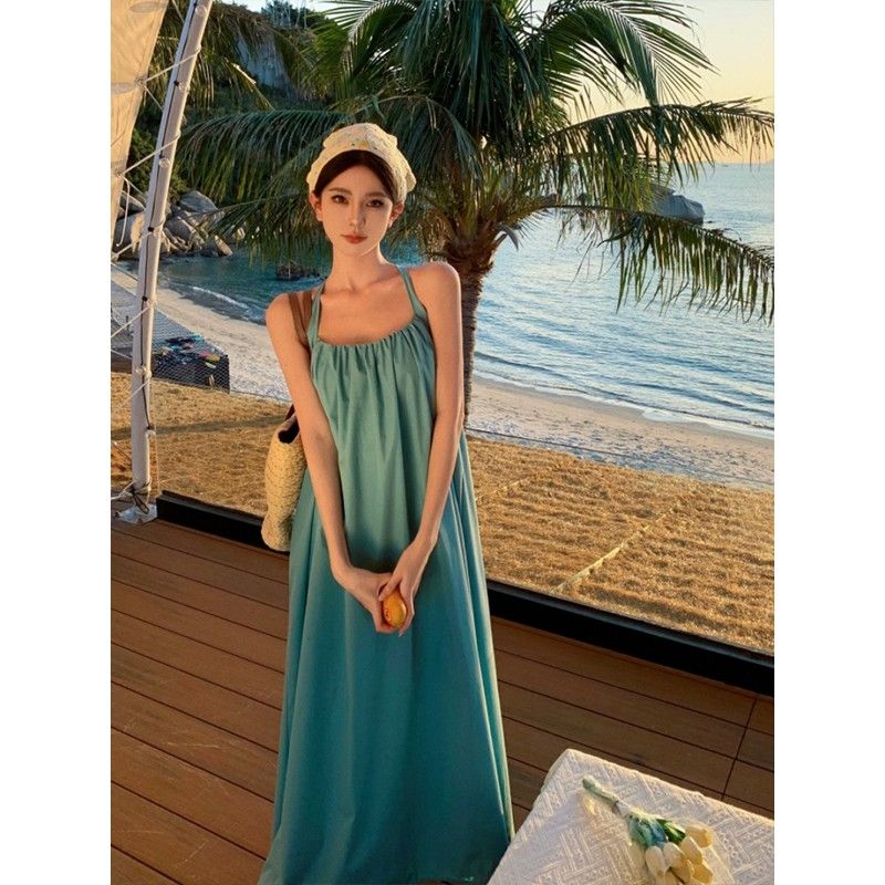 法式初戀浪漫氣質感高級性感露背掛脖吊帶連衣裙仙女海邊度假長裙