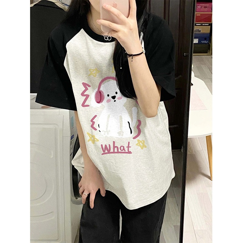 Embroidered pure cotton 210g combed close-fitting sleeveless collar 240-pound large size retro small dog T-shirt for women
