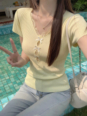 Sweet lace lace front shoulder short-sleeved T-shirt for women in summer 2025 new slim knitted top