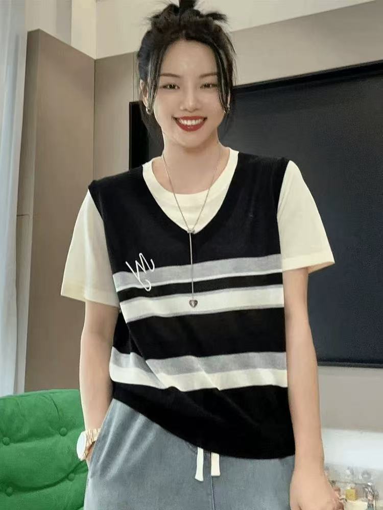 薄款冰絲短袖針織衫女2025新款夏季條紋寬鬆顯瘦假兩件上衣女