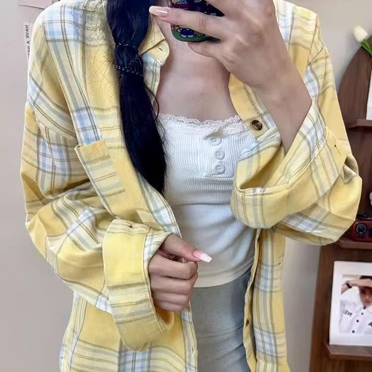 Yellow pure cotton plaid shirt lazy spring and autumn ins design layered top long sleeve salt loose shirt for women