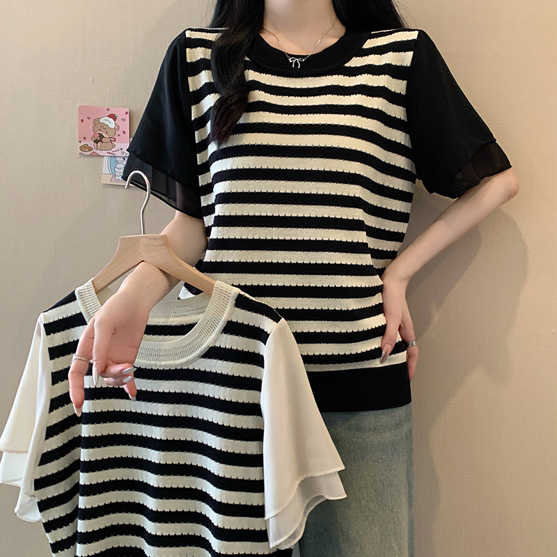 Real-shot large-size women's clothing 2025 summer new loose slim knitted top fat mm versatile ice silk short-sleeved T-shirt