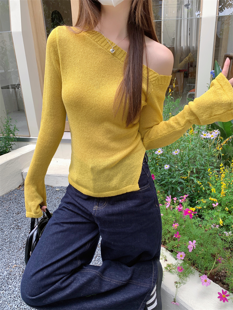 Real shot, real spring and summer new style, micro-transparent long-sleeved T-shirt, women's slim sweater, diagonal collar, Korean top