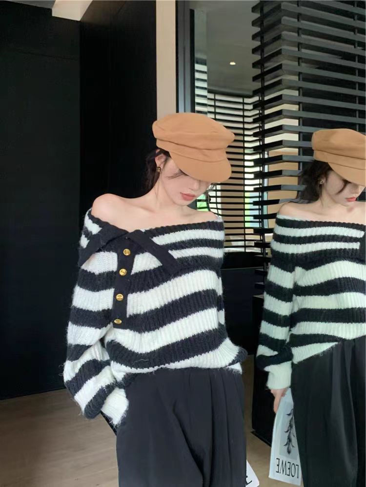 Spring striped turtleneck sweater one-length laziest sweater top for women
