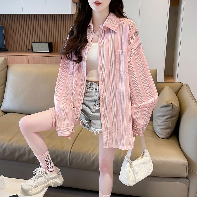 實拍2025夏季原版襯衫條紋大碼胖mm外套防曬衣女