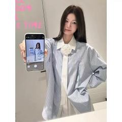 Korean blue striped shirt for women in spring and summer splicing loose slimming shirt sun protection jacket retro chic top