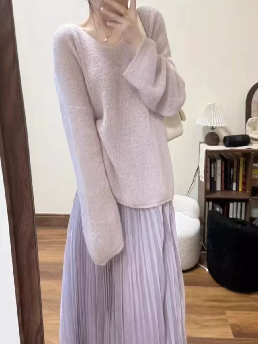 超軟馬海毛紫色毛衣女薄款2025春季新款寬鬆針織衫慵懶罩衫上衣