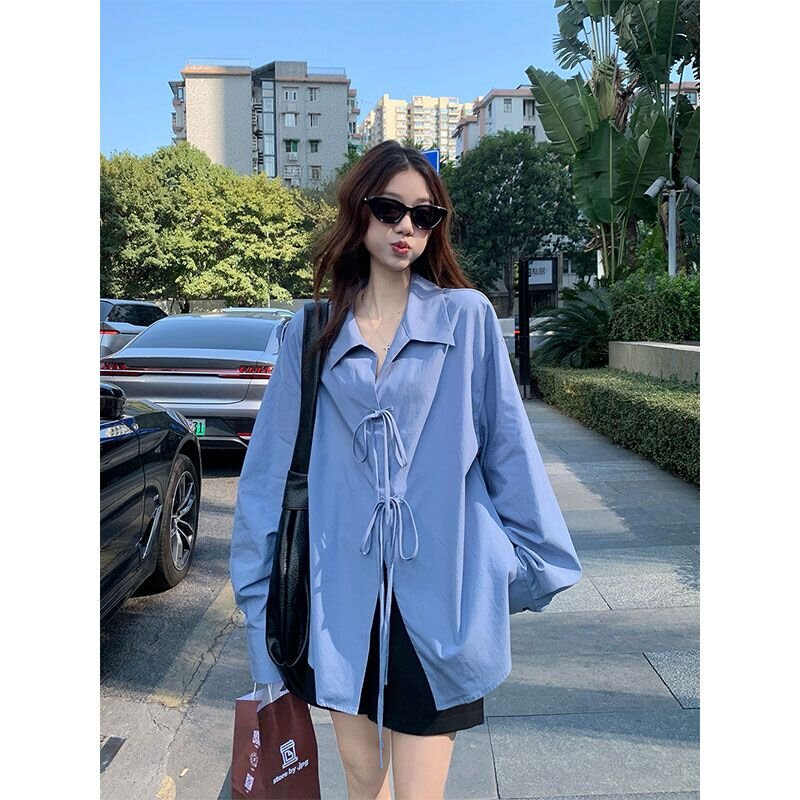 翻領蝴蝶結系帶長袖襯衫女2025夏季新款寬鬆中長款小眾別致開衫潮