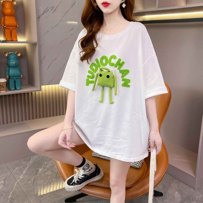 實拍2025夏季韓版純棉200克毛巾繡大碼女裝上衣純棉短袖T恤女