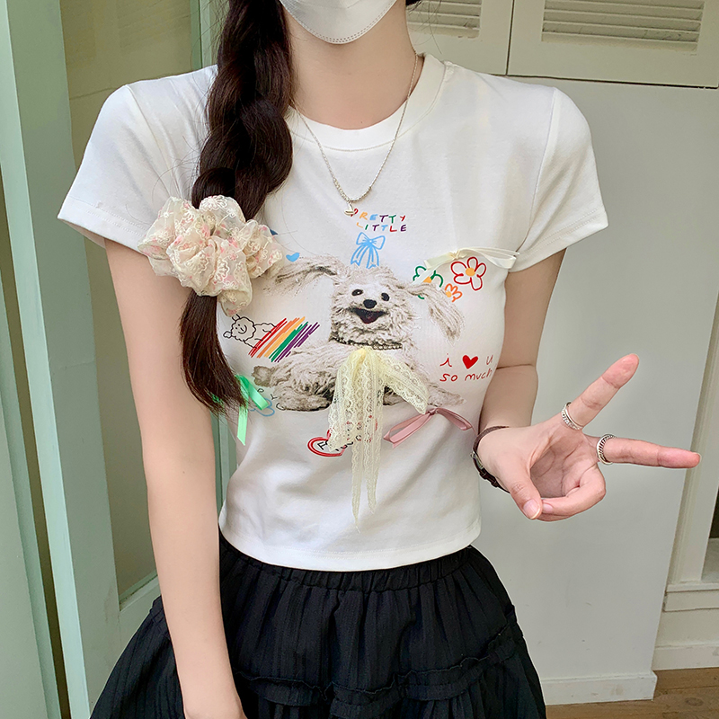 210g short-sleeved T-shirt summer 2025 embroidered front shoulder slim short round neck top for women